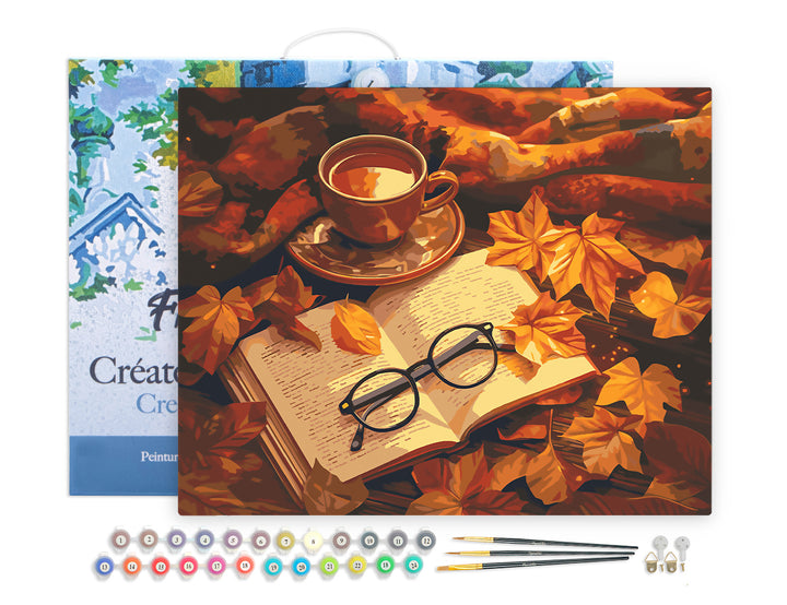 Malen nach Zahlen 40x50cm auf Keilrahmen gespannt Figured’Art Tee und Buch im Herbst - Kidis Art