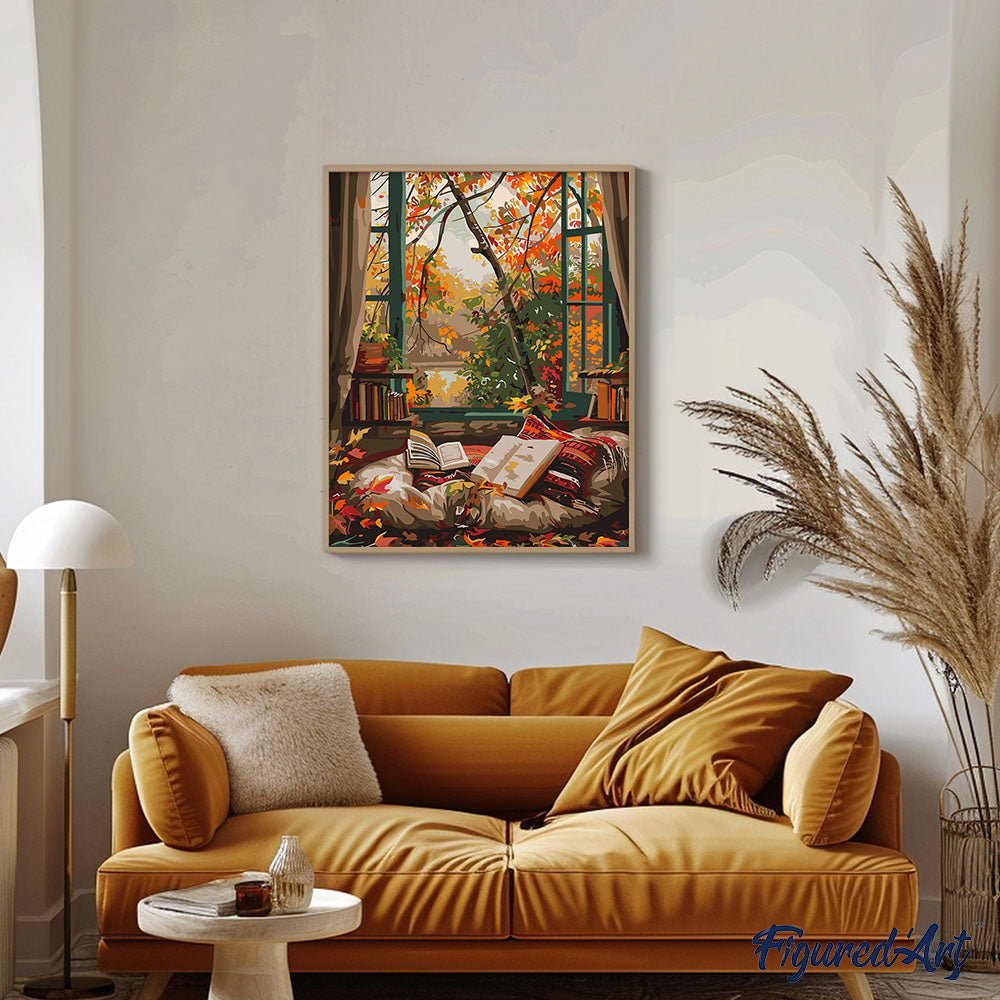 Malen nach Zahlen 40x50cm ohne Keilrahmen Figured’Art Gemütliches Lesen im Herbst - Kidis Art