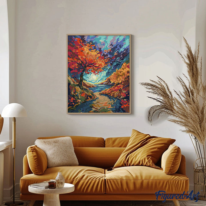 Malen nach Zahlen 40x50cm auf Keilrahmen gespannt Figured’Art Surrealistischer Herbst, inspiriert von Van Gogh - Kidis Art
