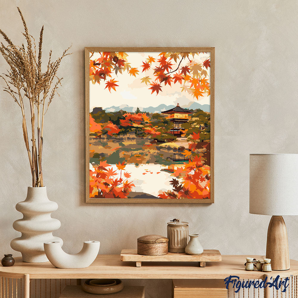 Malen nach Zahlen 40x50cm auf Keilrahmen gespannt Figured’Art Japanischer Tempel am See im Herbst - Kidis Art