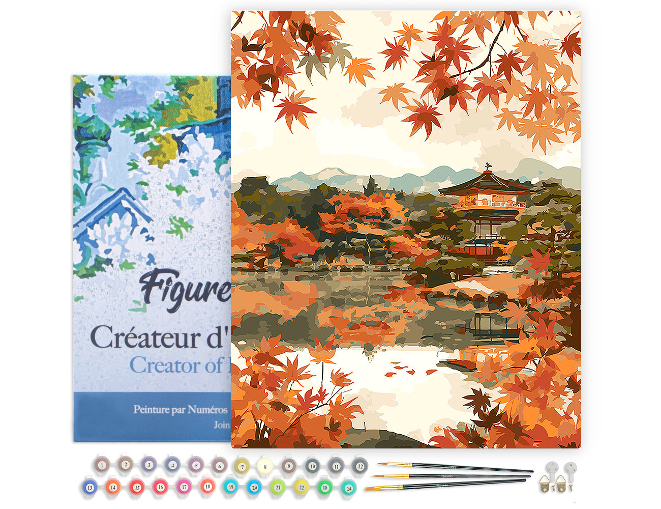 Malen nach Zahlen 40x50cm auf Keilrahmen gespannt Figured’Art Japanischer Tempel am See im Herbst - Kidis Art