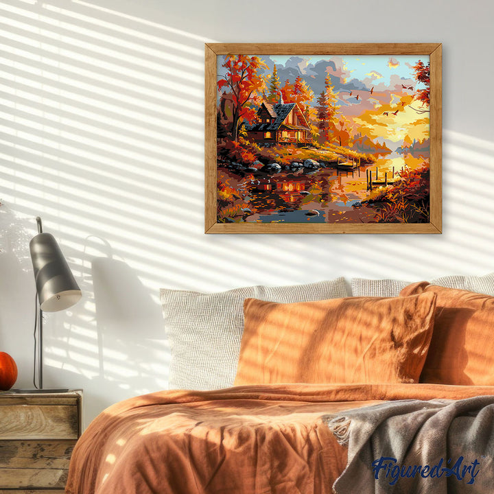 Malen nach Zahlen 40x50cm ohne Keilrahmen Figured’Art Herblicher Sonnenuntergang in der Nähe der Hütte - Kidis Art