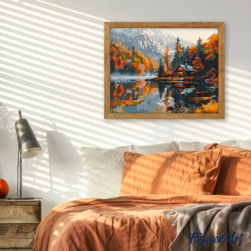 Malen nach Zahlen 40x50cm ohne Keilrahmen Figured’Art Hütte am See im Herbst - Kidis Art