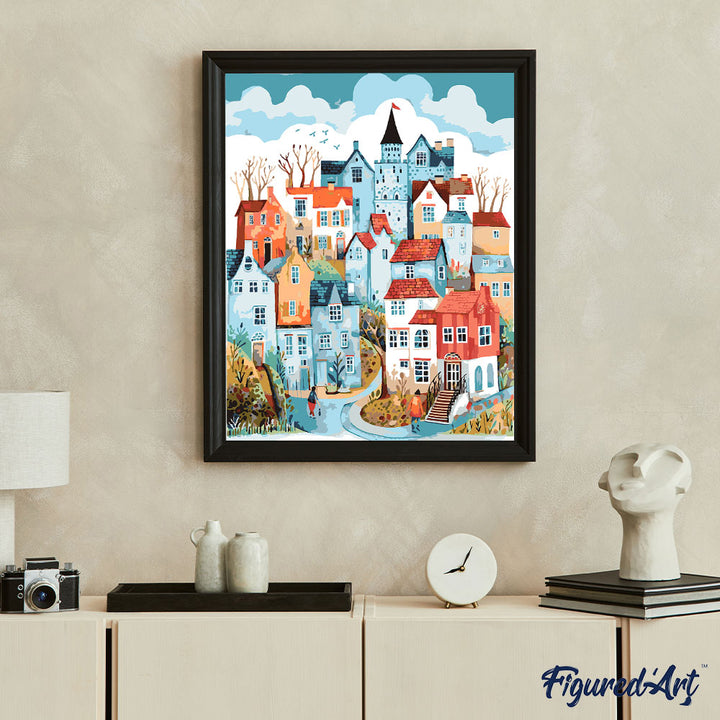 Malen nach Zahlen 40x50cm ohne Keilrahmen Figured’Art Verzaubertes blaues Dorf - Kidis Art