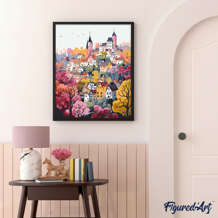 Malen nach Zahlen 40x50cm ohne Keilrahmen Figured’Art Verzaubertes Dorf violett - Kidis Art