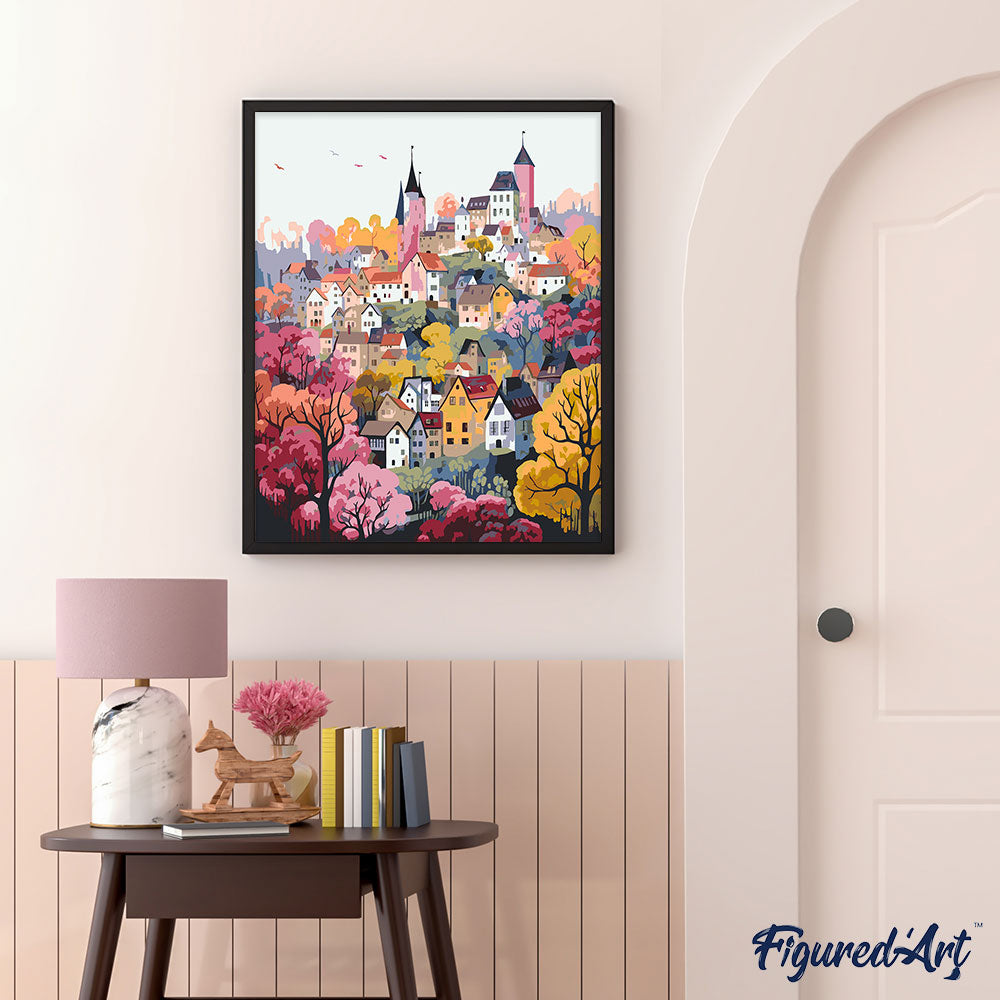 Malen nach Zahlen 40x50cm auf Keilrahmen gespannt Figured’Art Verzaubertes Dorf in Violett - Kidis Art