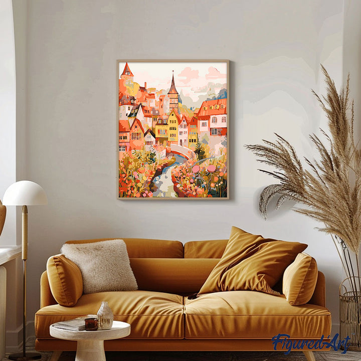 Malen nach Zahlen 40x50cm auf Keilrahmen gespannt Figured’Art Verzaubertes Dorf Bernstein - Kidis Art