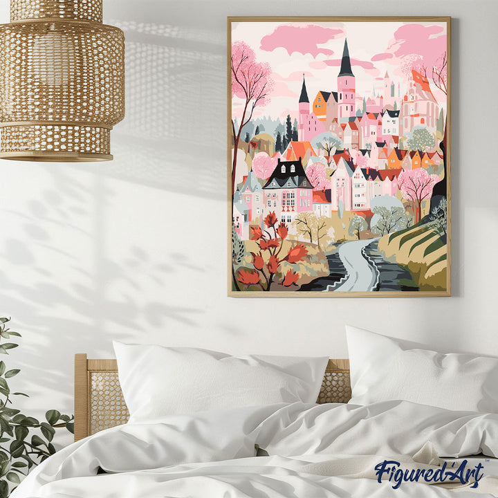 Malen nach Zahlen 40x50cm auf Keilrahmen gespannt Figured’Art Verzaubertes Dorf Rosa - Kidis Art