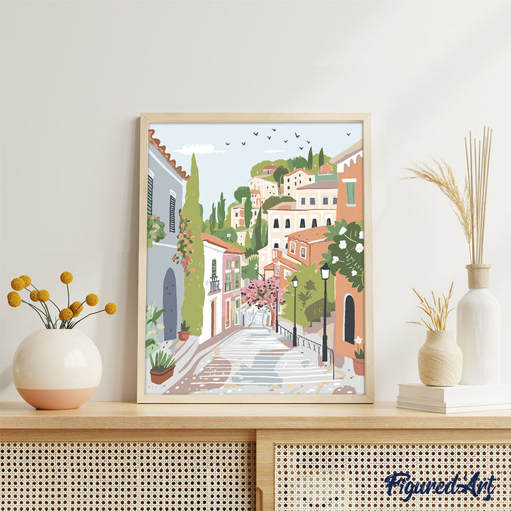 Malen nach Zahlen 40x50cm auf Keilrahmen gespannt Figured’Art Pastellfarbene Stadt am Hang - Kidis Art