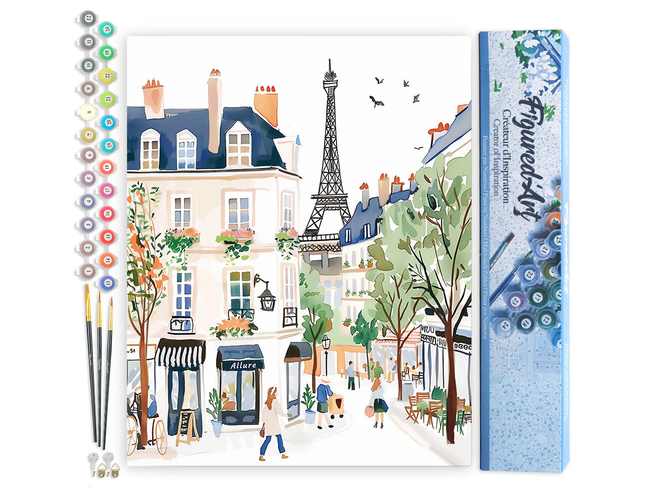 Malen nach Zahlen 40x50cm ohne Keilrahmen Figured’Art Aquarell Rue de Paris - Kidis Art
