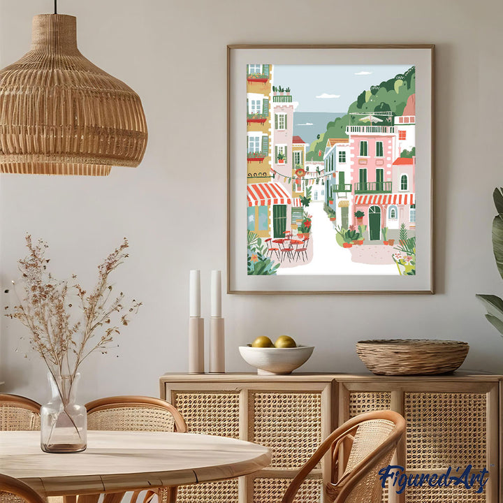 Malen nach Zahlen 40x50cm ohne Keilrahmen Figured’Art Pastellfarbene Küstenstadt - Kidis Art