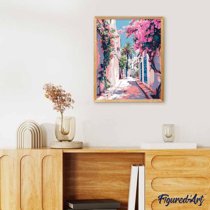 Malen nach Zahlen 40x50cm auf Keilrahmen gespannt Figured’Art Blumengeschmückte Gasse - Kidis Art