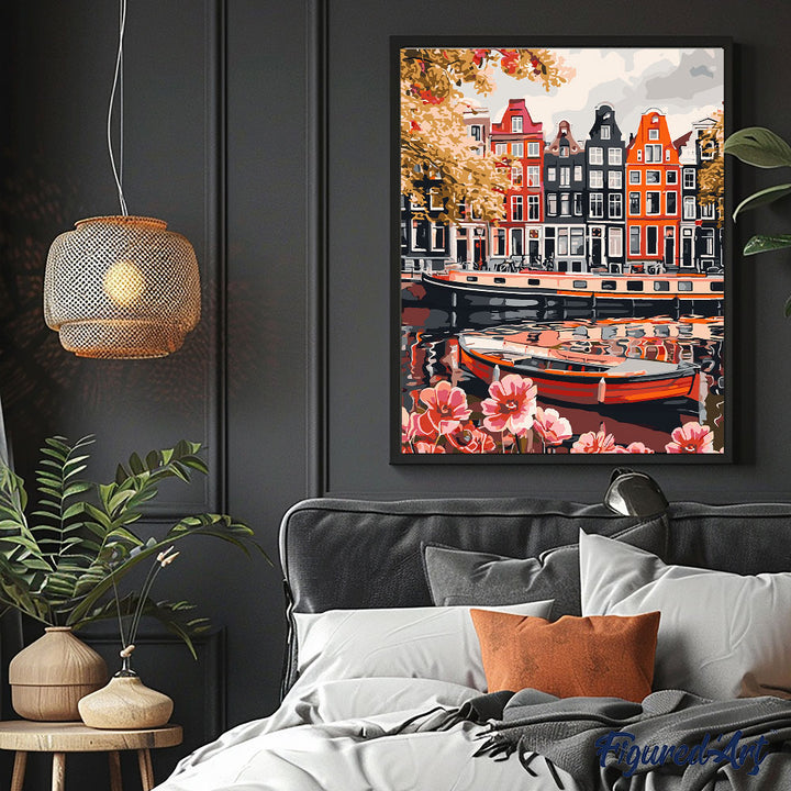 Malen nach Zahlen 40x50cm auf Keilrahmen gespannt Figured’Art Blick auf den Kanal in Amsterdam - Kidis Art