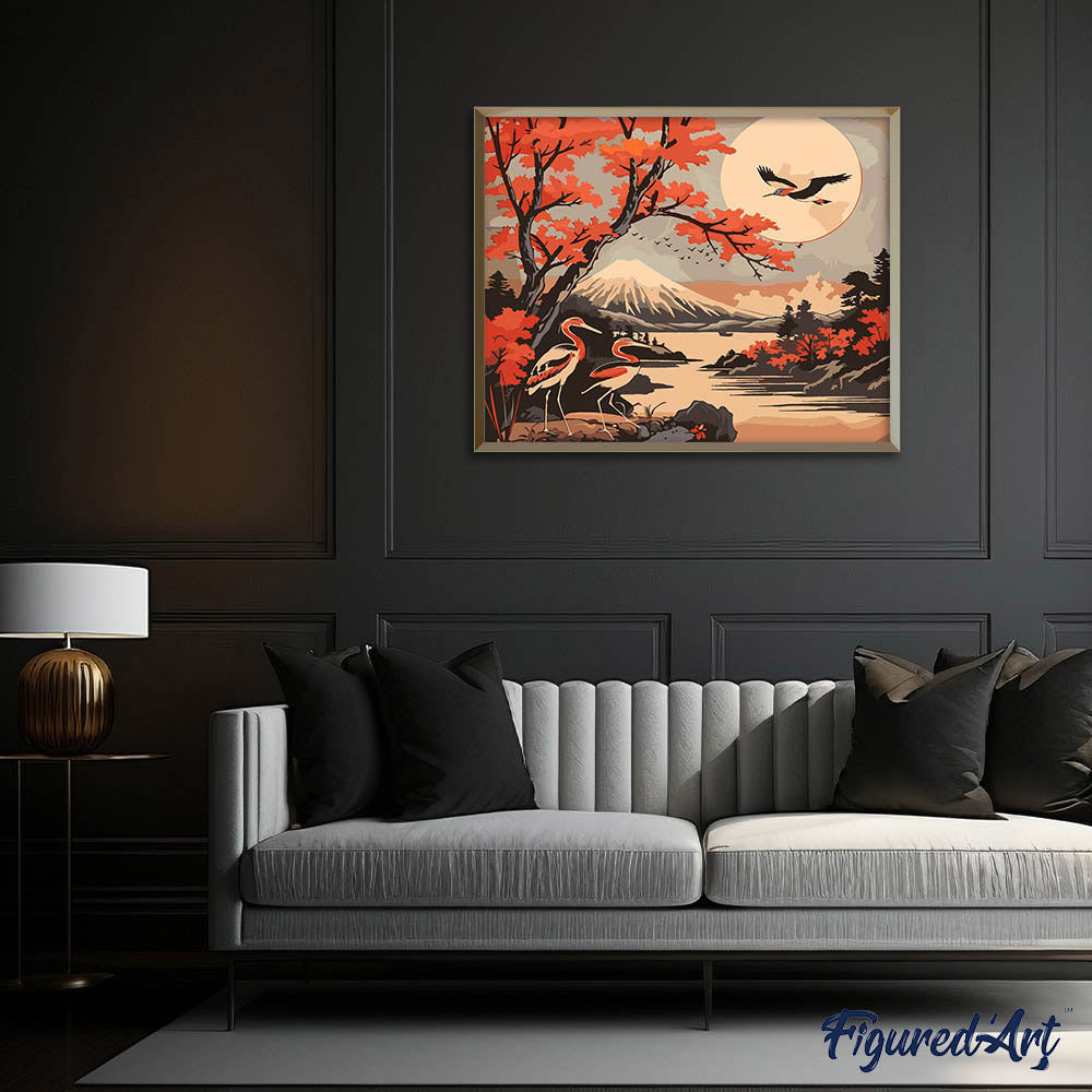 Malen nach Zahlen 40x50cm auf Keilrahmen gespannt Figured’Art Kräne und Blick auf den Fuji - Kidis Art