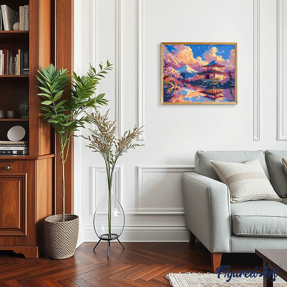 Malen nach Zahlen 40x50cm ohne Keilrahmen Figured’Art Blick auf den Tempel mit dem Berg Fuji - Kidis Art