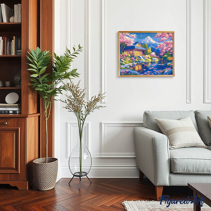 Malen nach Zahlen 40x50cm ohne Keilrahmen Figured’Art Haus und Kirschblüten in der Nähe des Teiches - Kidis Art