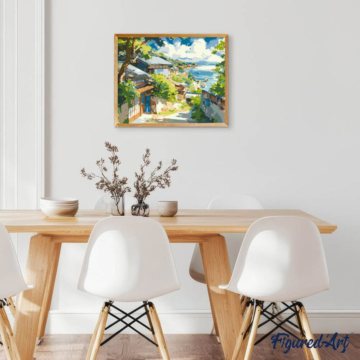 Malen nach Zahlen 40x50cm auf Keilrahmen gespannt Figured’Art Küstenort in Japan - Kidis Art