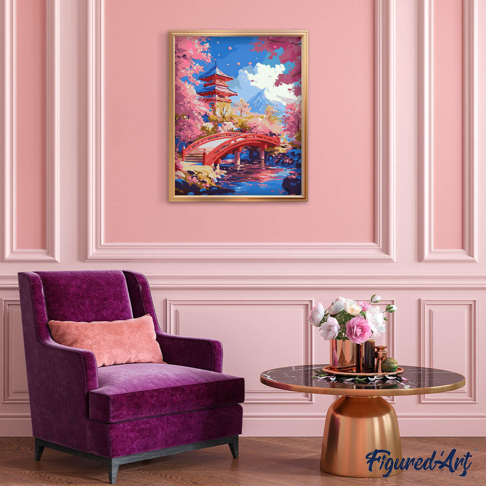 Malen nach Zahlen 40x50cm ohne Keilrahmen Figured’Art Rote Brücke und Kirschblüten - Kidis Art