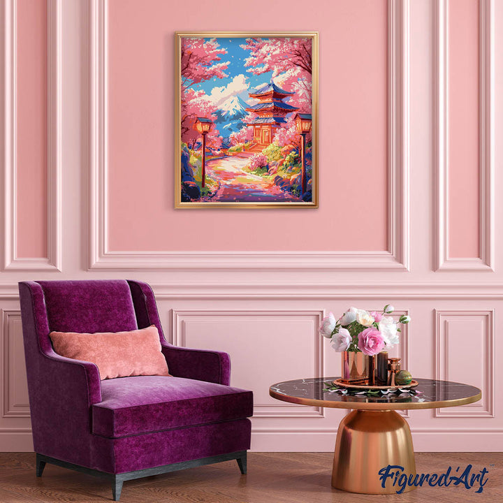Malen nach Zahlen 40x50cm auf Keilrahmen gespannt Figured’Art Kirschblütenstraße zur Pagode - Kidis Art