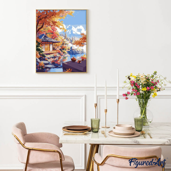 Malen nach Zahlen 40x50cm auf Keilrahmen gespannt Figured’Art Herbstliches Teehaus am See - Kidis Art