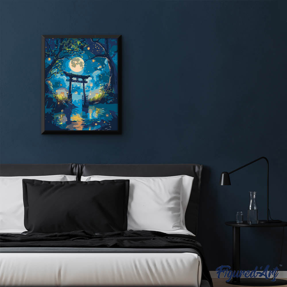 Malen nach Zahlen 40x50cm auf Keilrahmen gespannt Figured’Art Torii im Mondlicht und Glühwürmchen - Kidis Art