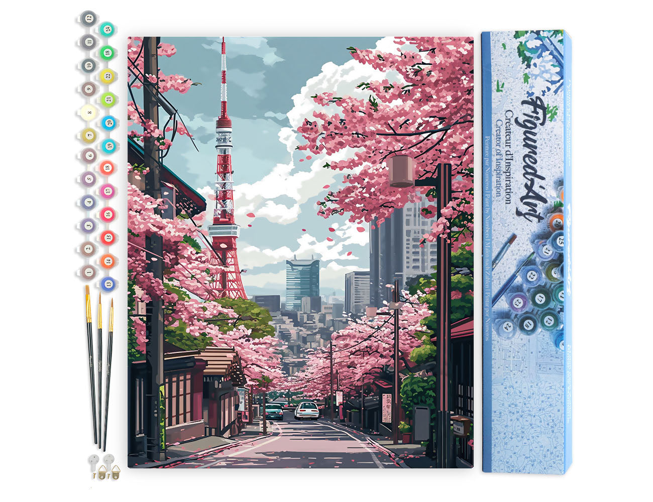 Malen nach Zahlen 40x50cm ohne Keilrahmen Figured’Art Straße mit Kirschblüten in Tokio - Kidis Art