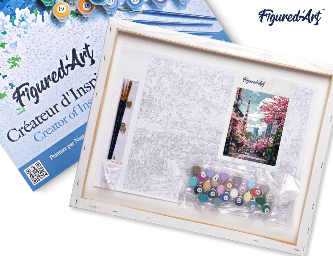 Malen nach Zahlen 40x50cm auf Keilrahmen gespannt Figured’Art Straße mit Kirschblüten in Tokio - Kidis Art