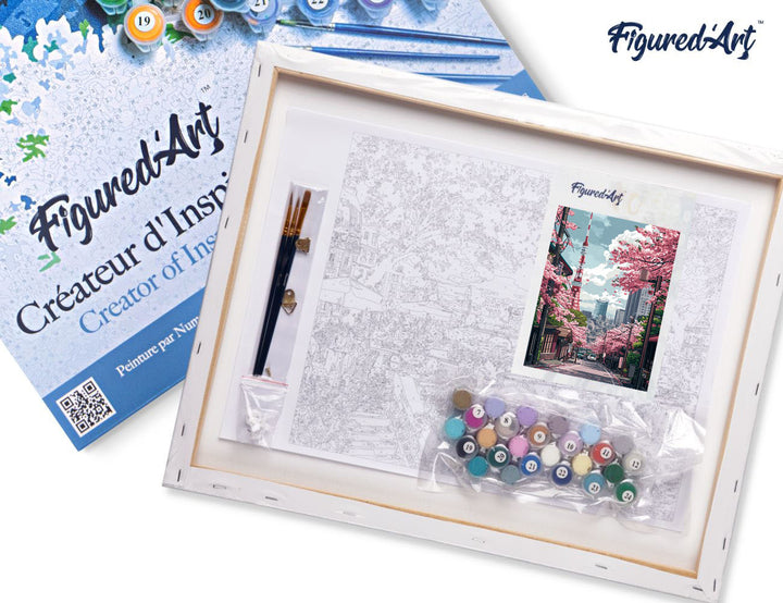 Malen nach Zahlen 40x50cm auf Keilrahmen gespannt Figured’Art Straße mit Kirschblüten in Tokio - Kidis Art