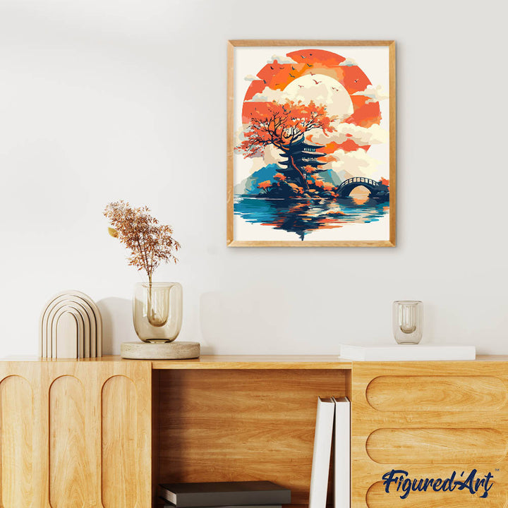 Malen nach Zahlen 40x50cm auf Keilrahmen gespannt Figured’Art Pagode unter der aufgehenden Sonne - Kidis Art