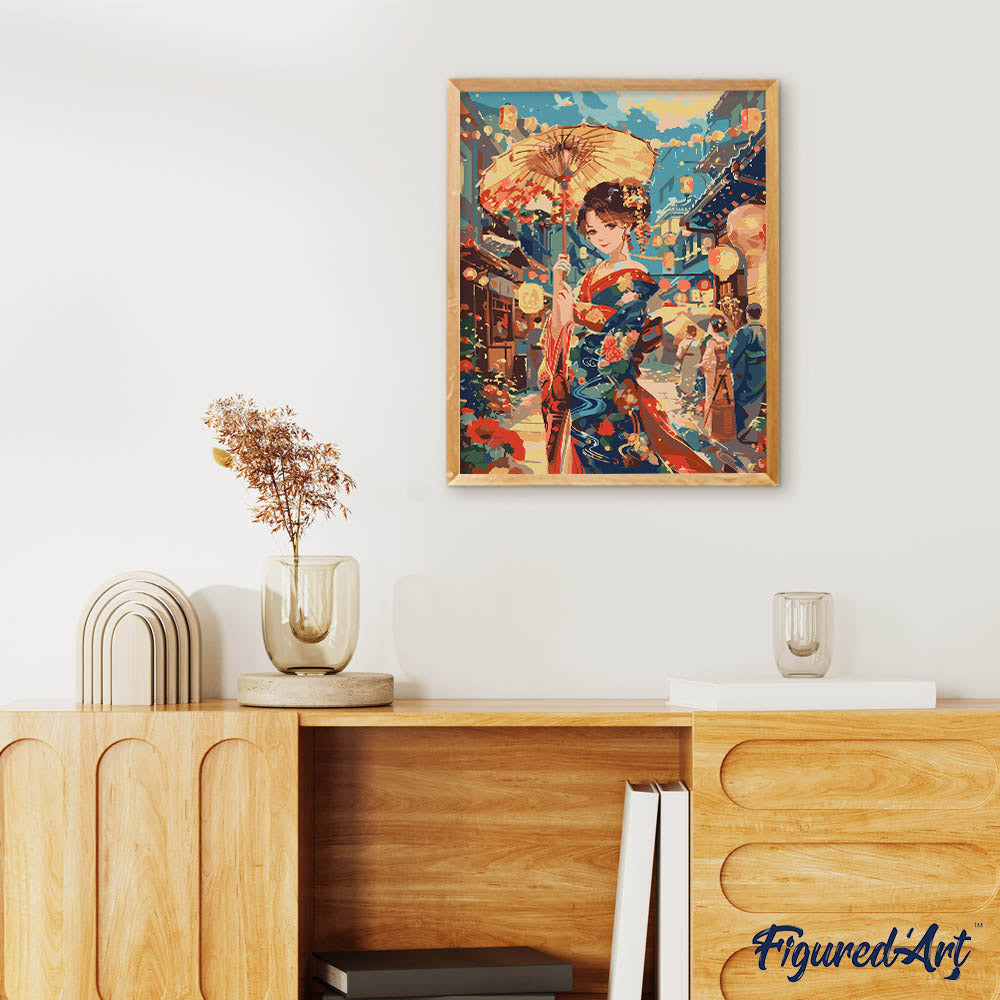 Malen nach Zahlen 40x50cm auf Keilrahmen gespannt Figured’Art Junges Mädchen im Kimono beim Laternenfest - Kidis Art