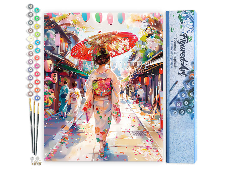 Malen nach Zahlen 40x50cm ohne Keilrahmen Figured’Art Frau im Yukata in einer belebten Straße - Kidis Art
