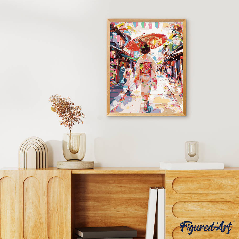 Malen nach Zahlen 40x50cm ohne Keilrahmen Figured’Art Frau im Yukata in einer belebten Straße - Kidis Art