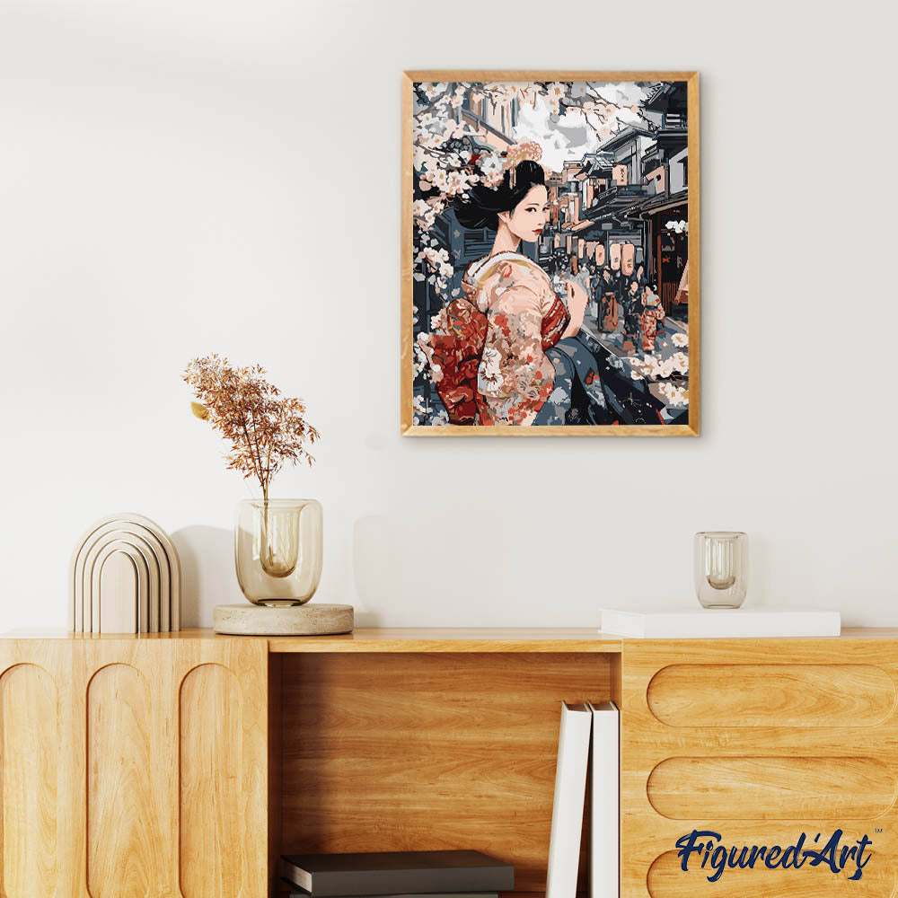 Malen nach Zahlen 40x50cm ohne Keilrahmen Figured’Art Geisha in einer Vintage-Straße - Kidis Art