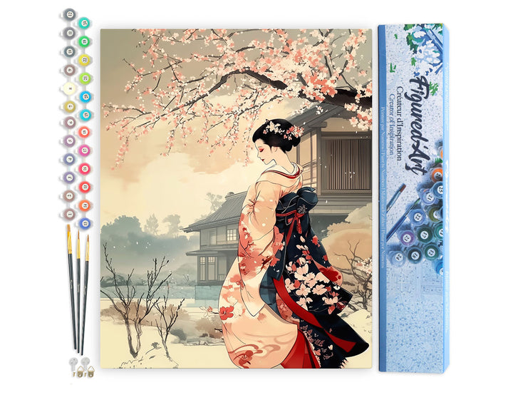 Malen nach Zahlen 40x50cm ohne Keilrahmen Figured’Art Vintage-Szene mit einer Geisha im Winter - Kidis Art