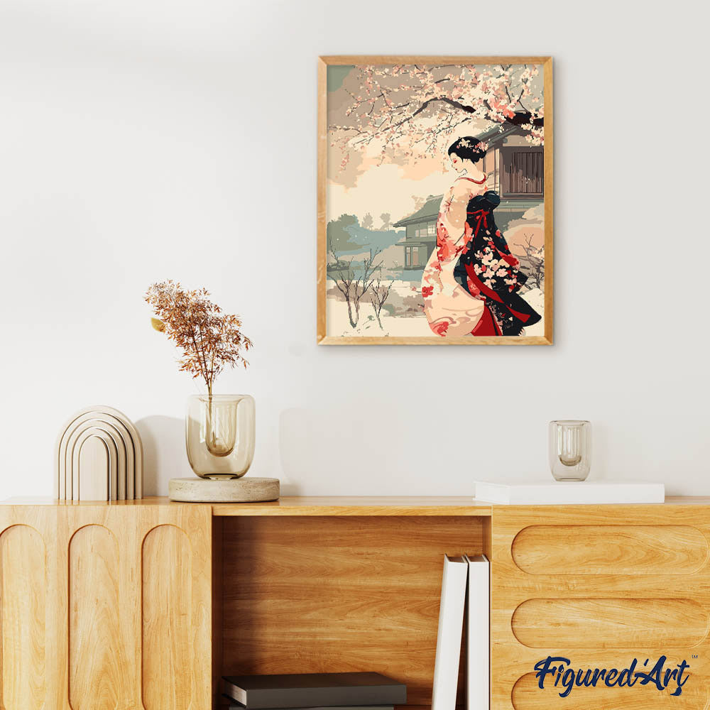 Malen nach Zahlen 40x50cm ohne Keilrahmen Figured’Art Vintage-Szene mit einer Geisha im Winter - Kidis Art