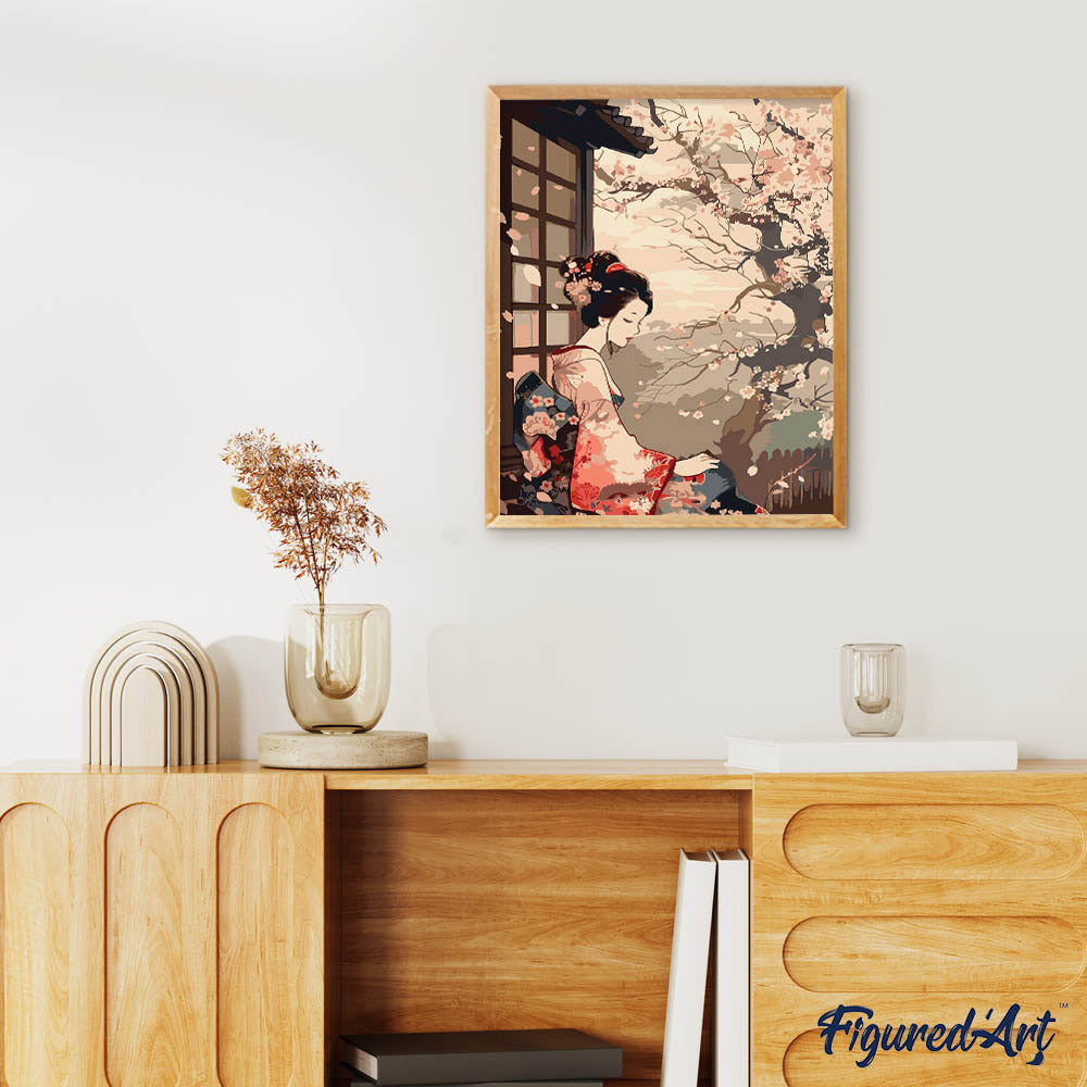 Malen nach Zahlen 40x50cm auf Keilrahmen gespannt Figured’Art Frau im Vintage-Kimono und Kirschblüten - Kidis Art