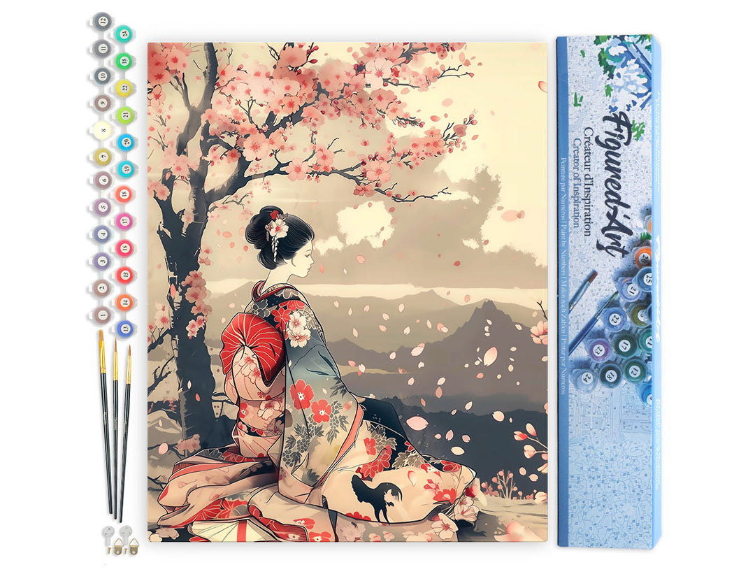 Malen nach Zahlen 40x50cm ohne Keilrahmen Figured’Art Vintage-Geisha unter Kirschblüten - Kidis Art