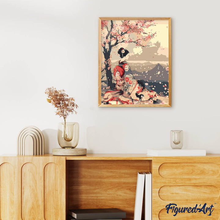 Malen nach Zahlen 40x50cm ohne Keilrahmen Figured’Art Vintage-Geisha unter Kirschblüten - Kidis Art