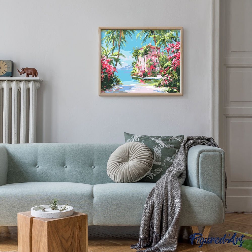 Malen nach Zahlen 40x50cm auf Keilrahmen gespannt Figured’Art Haus an der paradiesischen Küste - Kidis Art