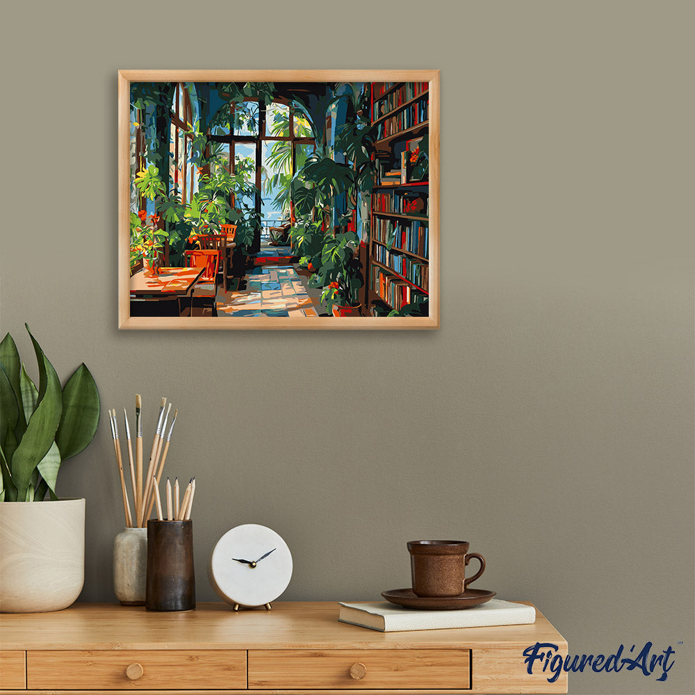 Malen nach Zahlen 40x50cm ohne Keilrahmen Figured’Art Bibliothek im Gewächshaus - Kidis Art