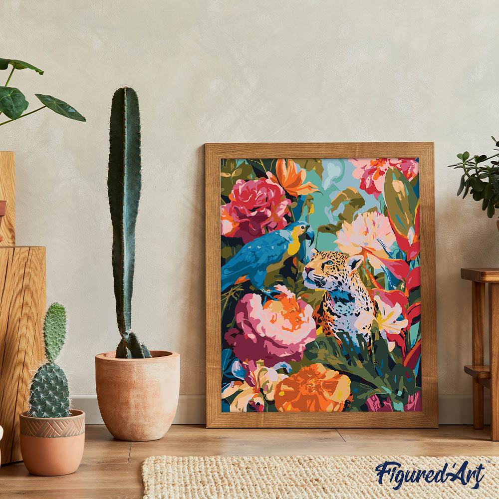 Malen nach Zahlen 40x50cm auf Keilrahmen gespannt Figured’Art Papagei und Leopard - Kidis Art
