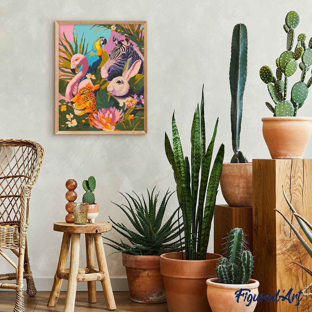 Malen nach Zahlen 40x50cm auf Keilrahmen gespannt Figured’Art Freunde aus dem Dschungel - Kidis Art