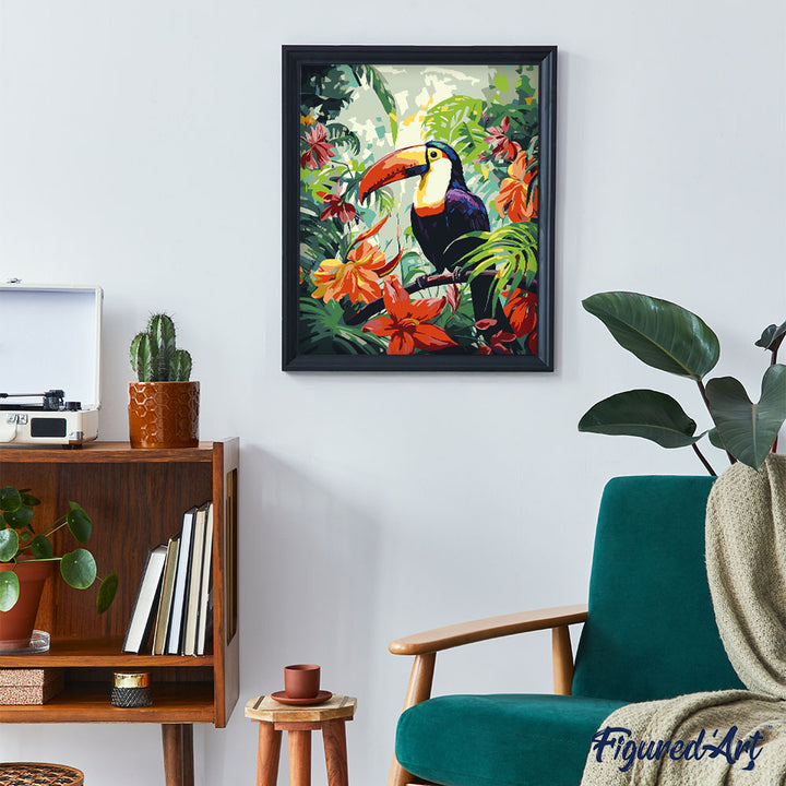 Malen nach Zahlen 40x50cm auf Keilrahmen gespannt Figured’Art Tukan im Dschungel - Kidis Art
