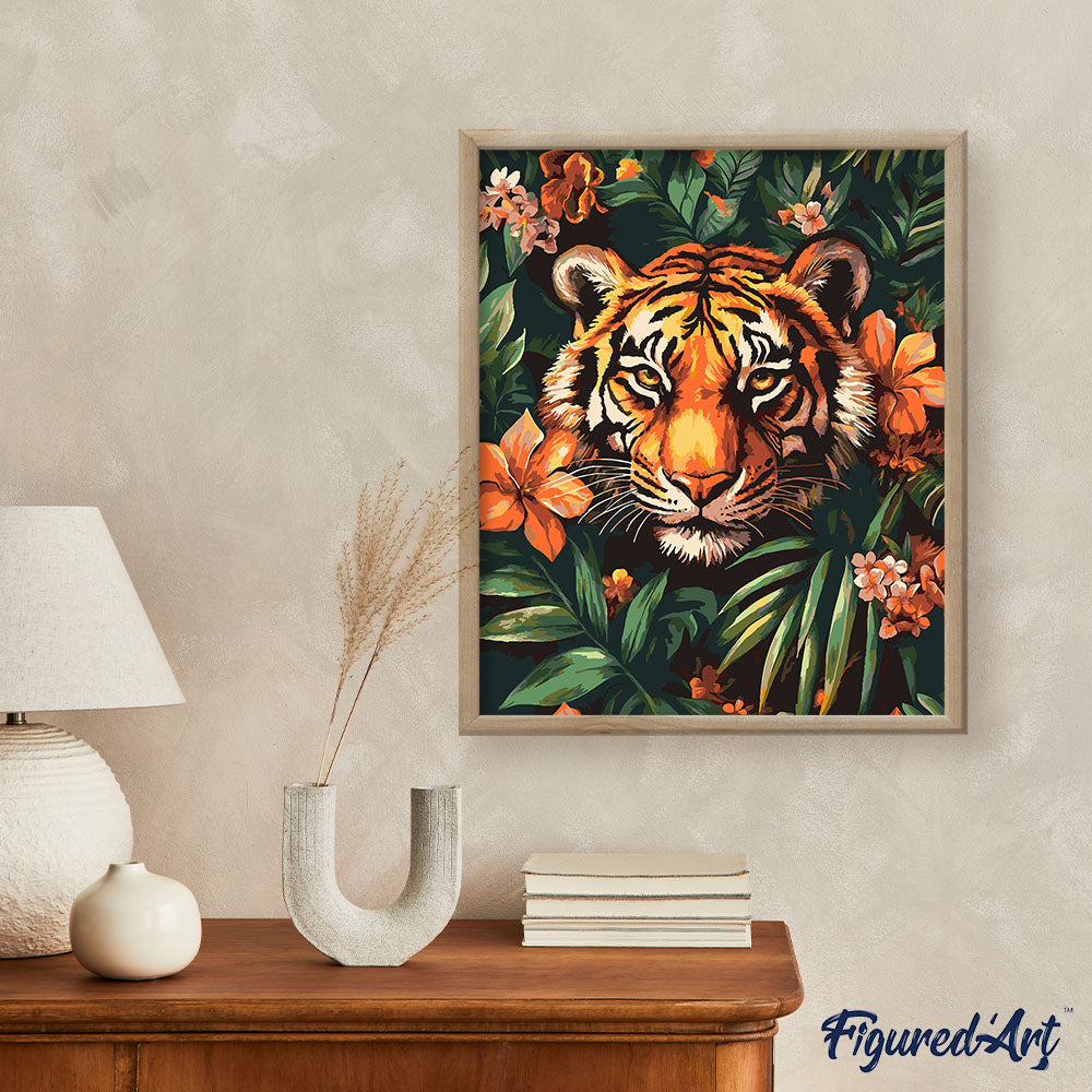 Malen nach Zahlen 40x50cm auf Keilrahmen gespannt Figured’Art Tropischer Tiger - Kidis Art