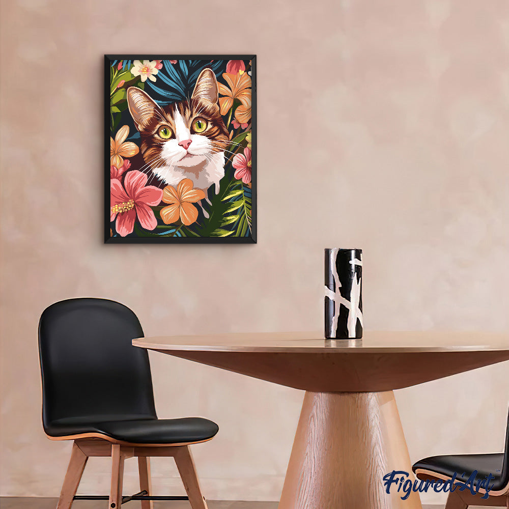 Malen nach Zahlen 40x50cm ohne Keilrahmen Figured’Art Katze mit tropischen Blumen - Kidis Art