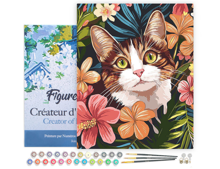 Malen nach Zahlen 40x50cm auf Keilrahmen gespannt Figured’Art Katze mit tropischen Blumen - Kidis Art