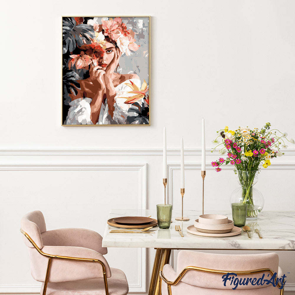 Malen nach Zahlen 40x50cm ohne Keilrahmen Figured’Art Porträt eines Mädchens mit Blumen - Kidis Art