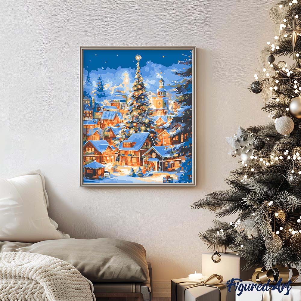 Malen nach Zahlen 40x50cm auf Keilrahmen gespannt Figured’Art Funkelndes Weihnachtsdorf - Kidis Art