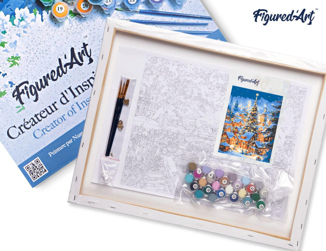 Malen nach Zahlen 40x50cm auf Keilrahmen gespannt Figured’Art Funkelndes Weihnachtsdorf - Kidis Art