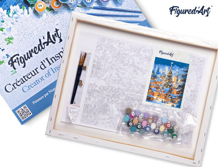 Malen nach Zahlen 40x50cm auf Keilrahmen gespannt Figured’Art Funkelndes Weihnachtsdorf - Kidis Art